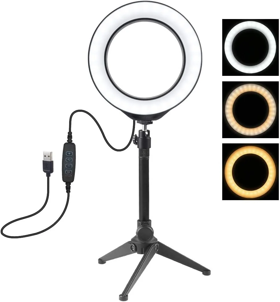 نور حلقه ای ال ای دی 16 سانتی متری با قطر 6.2 اینچ، دارای 3 حالت نور و قابلیت تنظیم روشنایی، به همراه سه پایه رومیزی و سری توپی با کفشک سرد