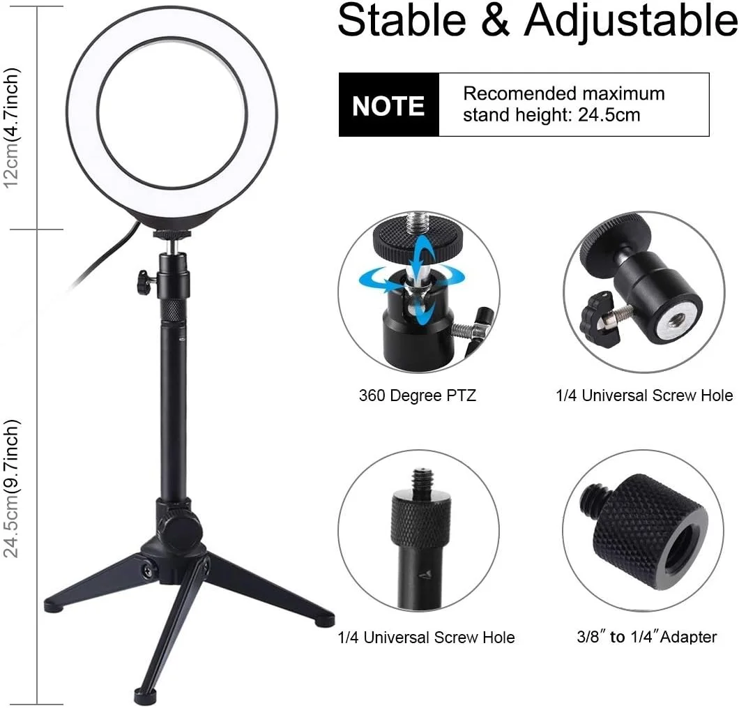 نور حلقه ای ال ای دی دوزن 4.7 اینچی 12 سانتی متری USB با 10 حالت و 8 رنگ RGBW با قابلیت تنظیم نور + پایه رومیزی سه پایه با سر توپی کفشک سرد (مشکی) لوازم جانبی (رنگ: مشکی)