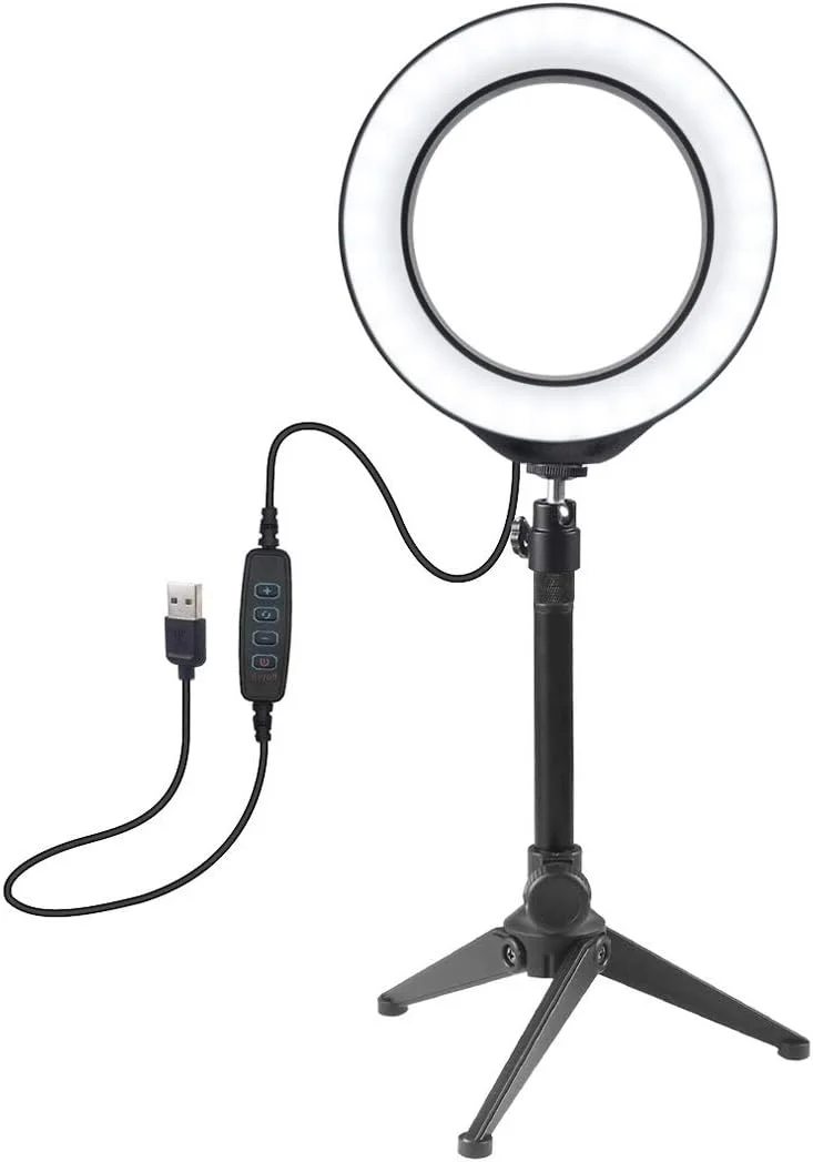 نور حلقه ای ال ای دی 16 سانتی متری با قطر 6.2 اینچ، دارای 3 حالت نور و قابلیت تنظیم روشنایی، به همراه سه پایه رومیزی و سری توپی با کفشک سرد