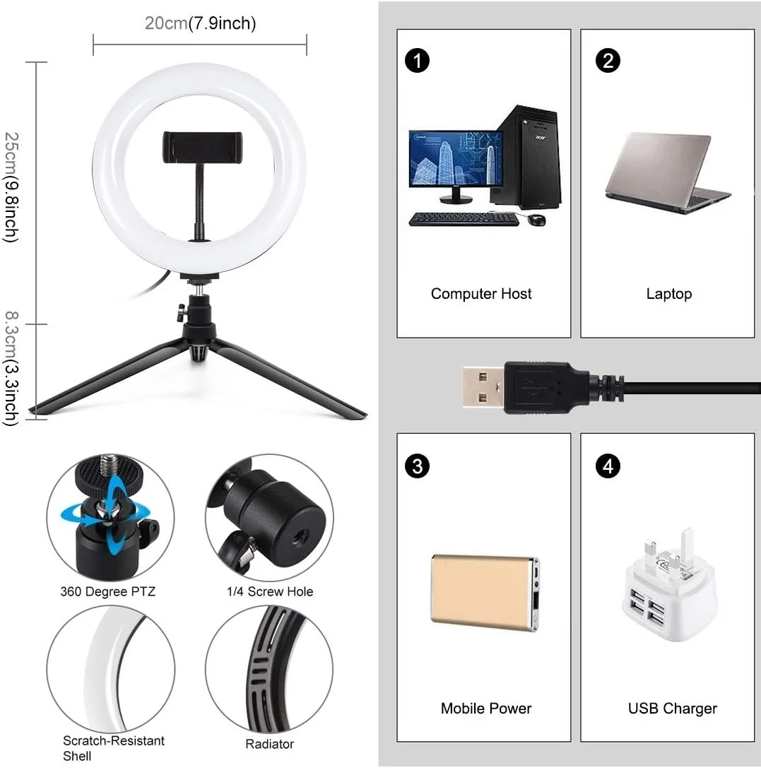 پایه رومیزی سه پایه Duzhen + حلقه نور منحنی LED با دمای رنگ دوگانه قابل تنظیم 7.9 اینچی 20 سانتی متری با 3 حالت USB برای وبلاگ نویسی، عکاسی سلفی و نورهای ویدئویی با گیره تلفن (مشکی) لوازم جانبی