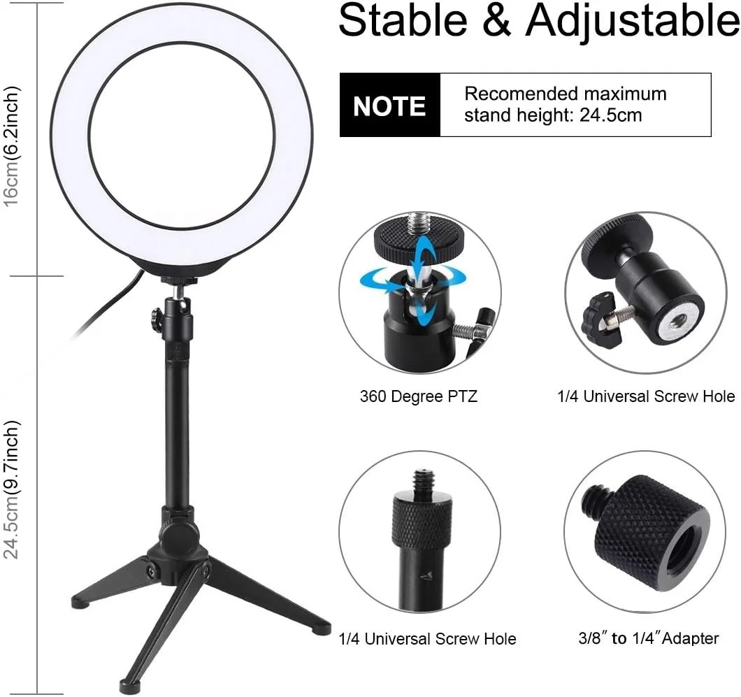 نور حلقه ای ال ای دی 16 سانتی متری USB با 10 حالت و 8 رنگ RGBW قابل تنظیم نور به همراه پایه رومیزی گرد و هد توپی سه پایه کفشک سرد (مشکی) لوازم جانبی (رنگ: مشکی)