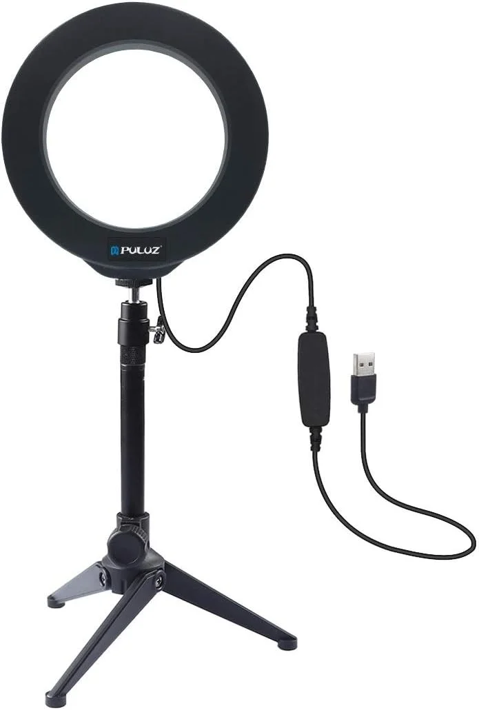 نور حلقه ای ال ای دی 16 سانتی متری با قطر 6.2 اینچ، دارای 3 حالت نور و قابلیت تنظیم روشنایی، به همراه سه پایه رومیزی و سری توپی با کفشک سرد