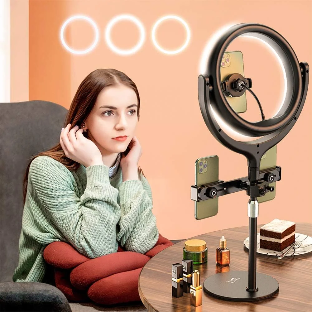 حلقه نور SHYYL، حلقه نور سلفی LED 12 اینچی با پایه، دارای 3 هولدر تلفن، سه پایه و 3 رنگ نورپردازی، مناسب برای عکاسی و فیلمبرداری زنده در یوتیوب حلقه نور SHYYL، حلقه نور سلفی LED 12 اینچی با پایه، دارای 3 هولدر تلفن، سه پایه و 3 رنگ نورپردازی، مناسب برای عکاسی و فیلمبرداری زنده در یوتیوب