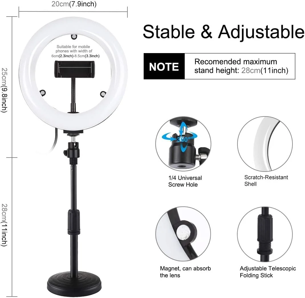 کیت نور حلقه ای PULUZ، نور حلقه ای سلفی 7.9 اینچی USB با 3 حالت نور قابل تنظیم با دمای رنگ دوگانه به همراه پایه رومیزی گرد و آینه برای پخش زنده، عکاسی سلفی و فیلمبرداری