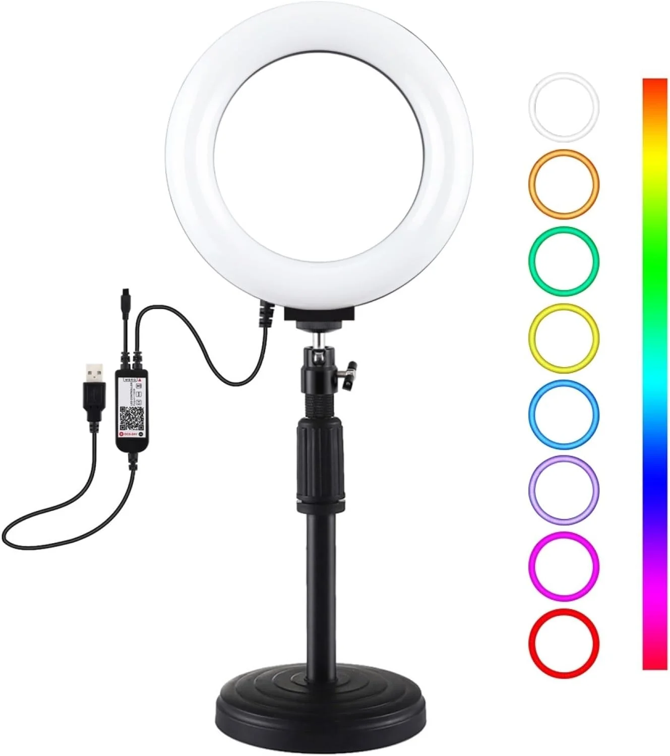 کیت نور حلقه ای LED RGBW پولوز، نور حلقه ای سلفی RGBW 6.2 اینچی با پایه گرد رومیزی، نورهای LED کم نور شونده USB برای وبلاگ نویسی، عکاسی و فیلمبرداری با کنترل از راه دور برای پخش زنده