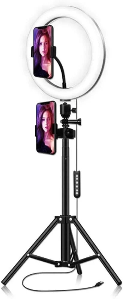نور حلقه ای سلفی عکاسی زنده 10 اینچی و نور ویدیویی دوربین RGB، با سه پایه قابل تنظیم و پایه تلفن همراه، نور پرکننده LED قابل تنظیم، برای پخش زنده، ویدیوی یوتیوب، آرایش