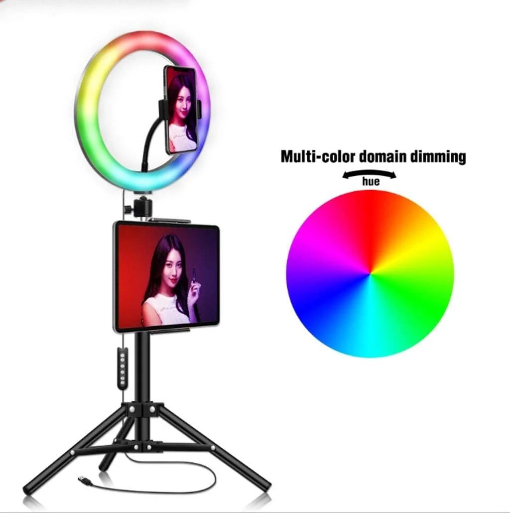نور حلقه ای سلفی عکاسی زنده 10 اینچی و نور ویدیویی دوربین RGB، با سه پایه قابل تنظیم و پایه تلفن همراه، نور پرکننده LED قابل تنظیم، برای پخش زنده، ویدیوی یوتیوب، آرایش نور حلقه ای سلفی عکاسی زنده 10 اینچی و نور ویدیویی دوربین RGB، با سه پایه قابل تنظیم و پایه تلفن همراه، نور پرکننده LED قابل تنظیم، برای پخش زنده، ویدیوی یوتیوب، آرایش