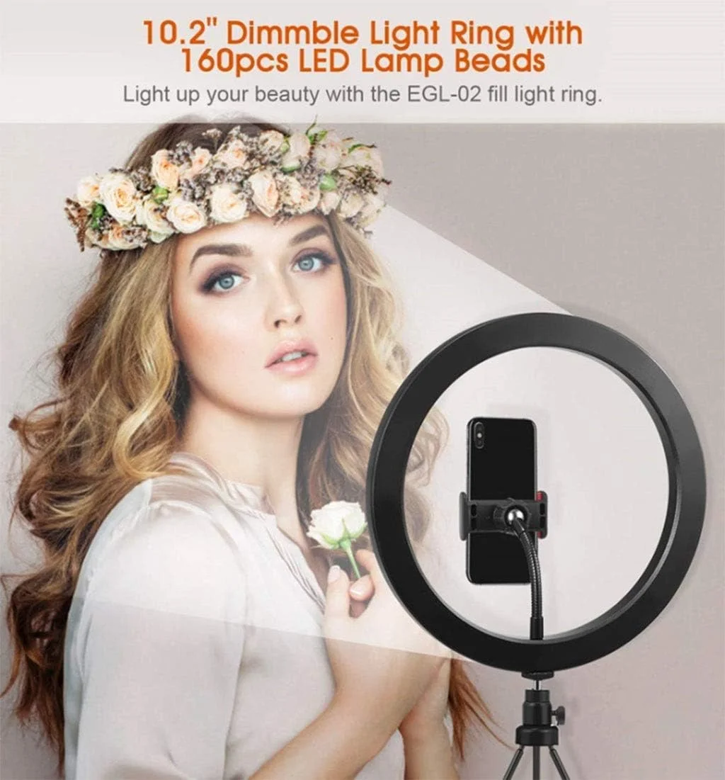 نور حلقه ای 10 اینچی LED برای عکاسی زنده، فلاش تلفن همراه دوربین، نور قابل تنظیم، نور ویدئویی دوربین، نور تکمیلی برای پخش زنده/آرایش/عکاسی/ویدیو یوتیوب