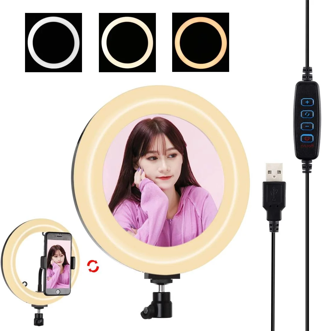 کیت نور حلقه ای PULUZ، نور سلفی حلقه ای 7.9 اینچی USB با 3 حالت نور قابل تنظیم با دمای رنگ دوگانه، نورهای ویدیویی عکاسی سلفی برای پخش زنده، ویدیوهای یوتیوب و آرایش به همراه آینه
