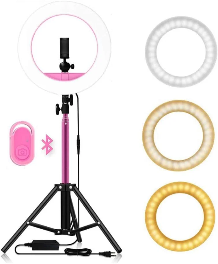 نور حلقه ای ۱۳ اینچی، نور پرکننده زنده/عکس، کیت نور ال ای دی کم نور کننده آرایش، دمای رنگ ۳۲۰۰K-5500K، با پایه و کنترلر بی سیم، مورد استفاده برای فیلمبرداری ویدیوهای یوتیوب، پرتره، سلفی