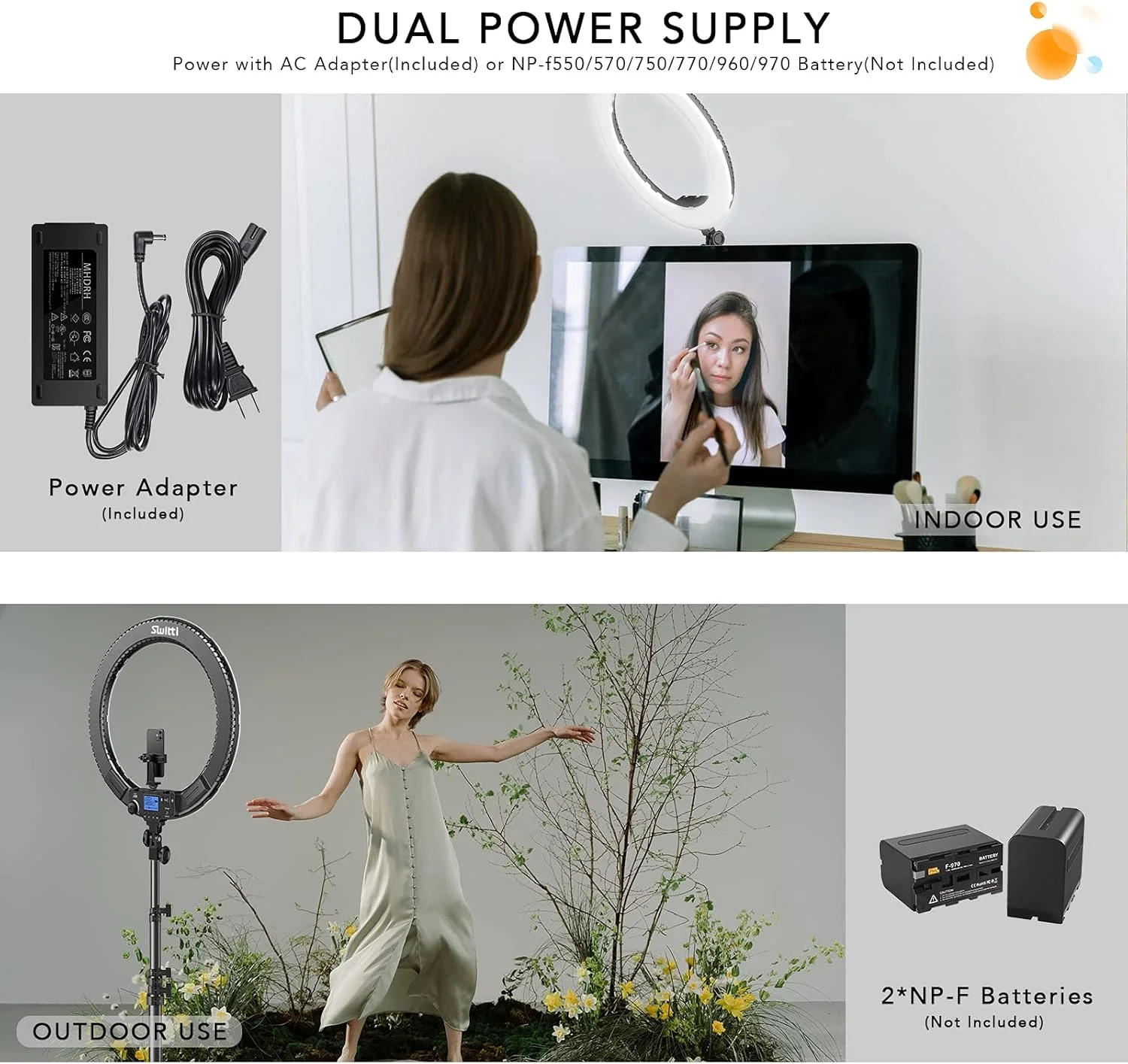 حلقه نور حرفه ای 19 اینچی با پایه، کیت حلقه نور LED دایره ای 60 واتی دو رنگ 3000K-5800K با نگهدارنده تلفن/آیپد برای فیلمبرداری ویدیوهای یوتیوب، پخش زنده، آرایش، فیس بوک لایو، ولاگ