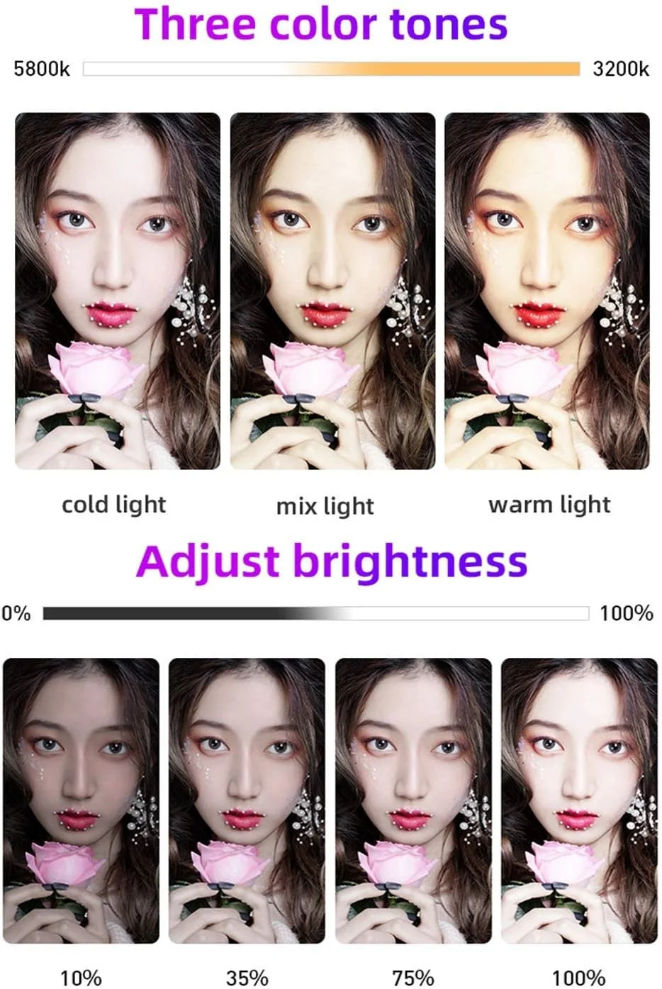 نور حلقه ای LED، نور پرکننده کم نور شونده سه پایه استودیویی تلفن دوربین سلفی، 8 اینچ