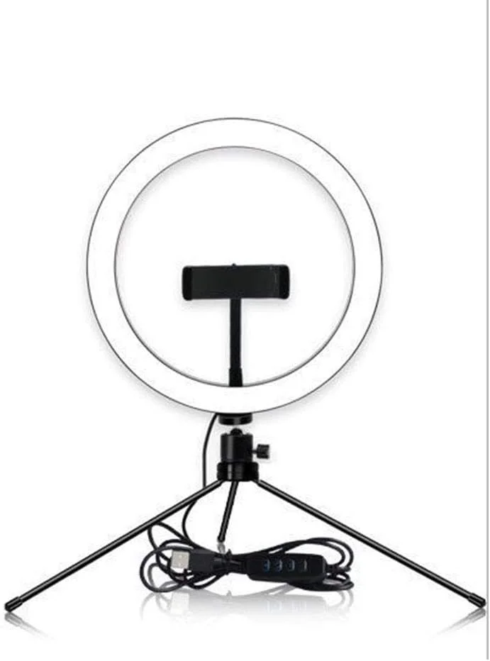 حلقه نور ال ای دی سه رنگ با پایه رومیزی قابل تنظیم، حلقه نور ال ای دی قابل تنظیم سطح 10، مناسب برای پخش زنده خانگی/آرایش، نور 16 سانتی متر / 20 سانتی متر / 26 سانتی متر