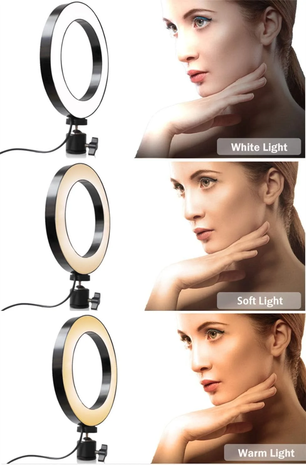 حلقه نور سلفی 6/ 8/ 10 اینچی با سه پایه قابل تنظیم، 10 سطح نور در سه حالت نور، حلقه نور LED برای آرایش/پخش زنده/ویدیو یوتیوب/نورپردازی فضای باز