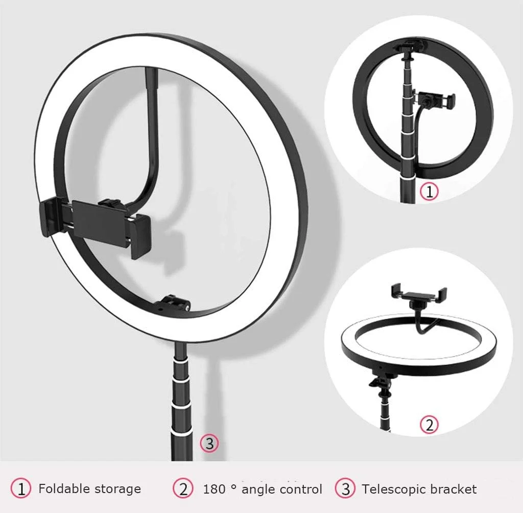 نور حلقه ای تاشو یکپارچه 26 سانتی متری (همراه با گیره تلفن)، نور LED حلقه ای با 3 حالت نور، با قابلیت تنظیم نور بی نهایت، مناسب برای پخش زنده/ویدیوهای یوتیوب/عکاسی/آرایش/نورپردازی