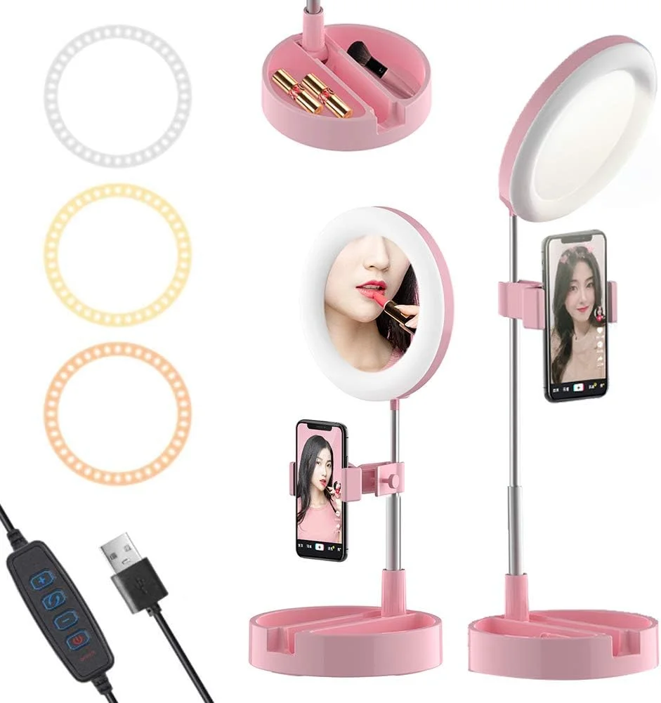 نور حلقه ای سلفی با آینه آرایشی، نگهدارنده تلفن، پایه قابل افزایش، ذخیره سازی رومیزی، نور حلقه ای LED آرایشی رومیزی قابل تنظیم، 3 حالت نورپردازی نور آرایش حلقه ای دوربین برای فیلمبرداری پرتره نور حلقه ای سلفی با آینه آرایشی، نگهدارنده تلفن، پایه قابل افزایش، ذخیره سازی رومیزی، نور حلقه ای LED آرایشی رومیزی قابل تنظیم، 3 حالت نورپردازی نور آرایش حلقه ای دوربین برای فیلمبرداری پرتره