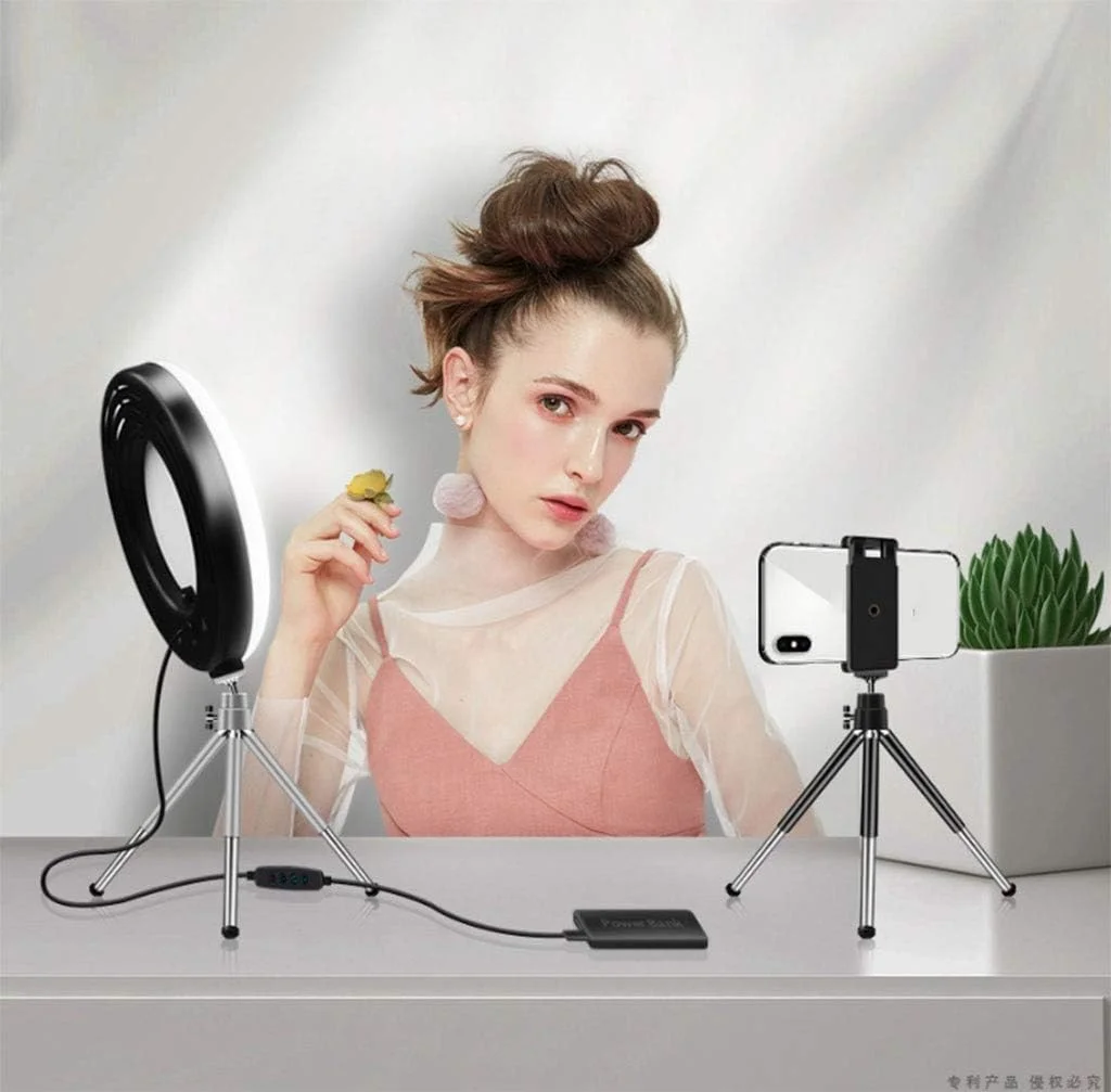 نور پُرکننده LED سلف تایمر 22 سانتی‌متری (8.6 اینچی)، نور حلقوی دیمرپذیر با سه حالت، دارای نگهدارنده مستقل تلفن همراه، مناسب برای پخش زنده/تیک‌تاک/ویدیوهای یوتیوب/آرایش/نورپردازی