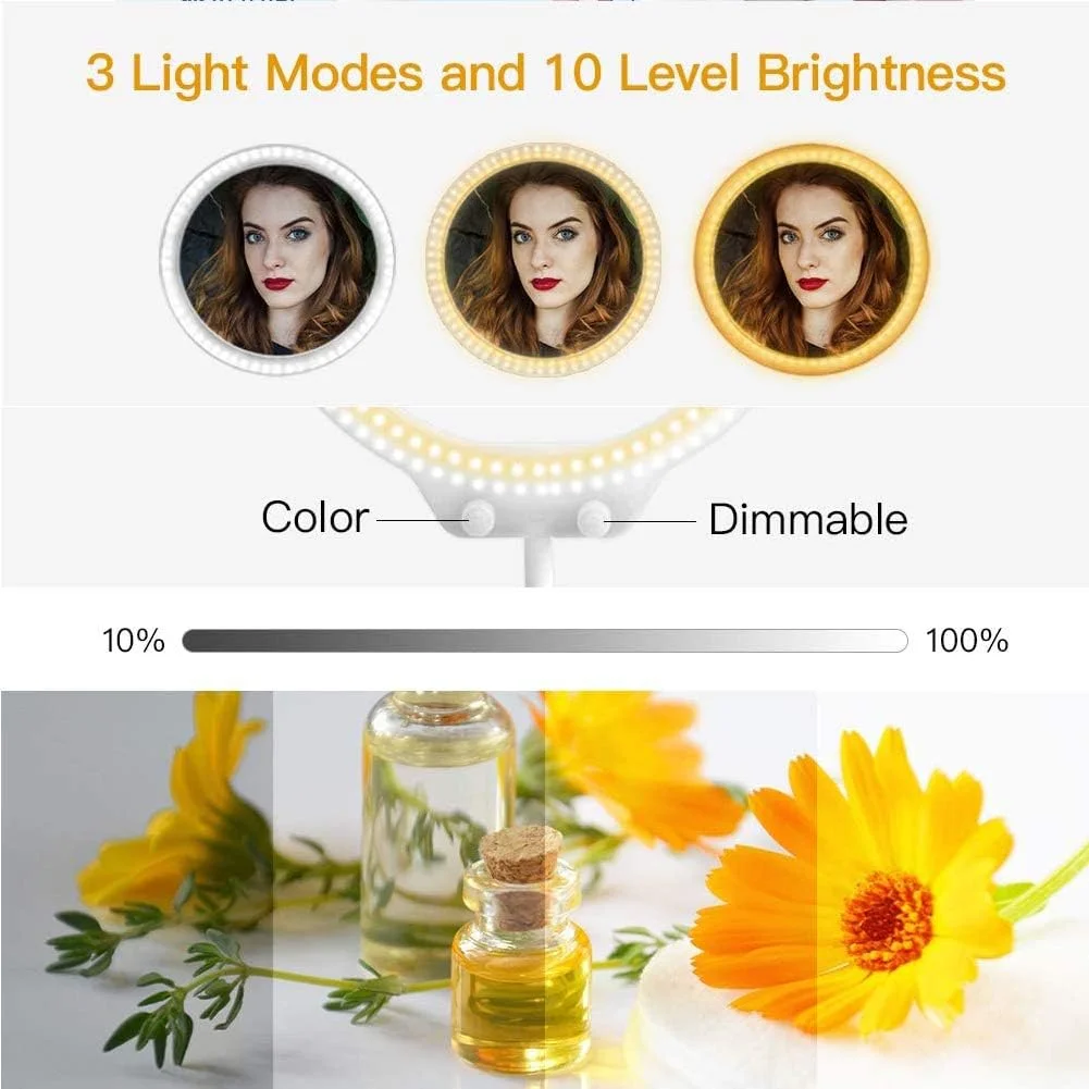 نور حلقه ای سلفی با آینه آرایشی، نگهدارنده تلفن، پایه قابل افزایش، ذخیره سازی رومیزی، نور حلقه ای LED آرایشی رومیزی قابل تنظیم، 3 حالت نورپردازی نور آرایش حلقه ای دوربین برای فیلمبرداری پرتره