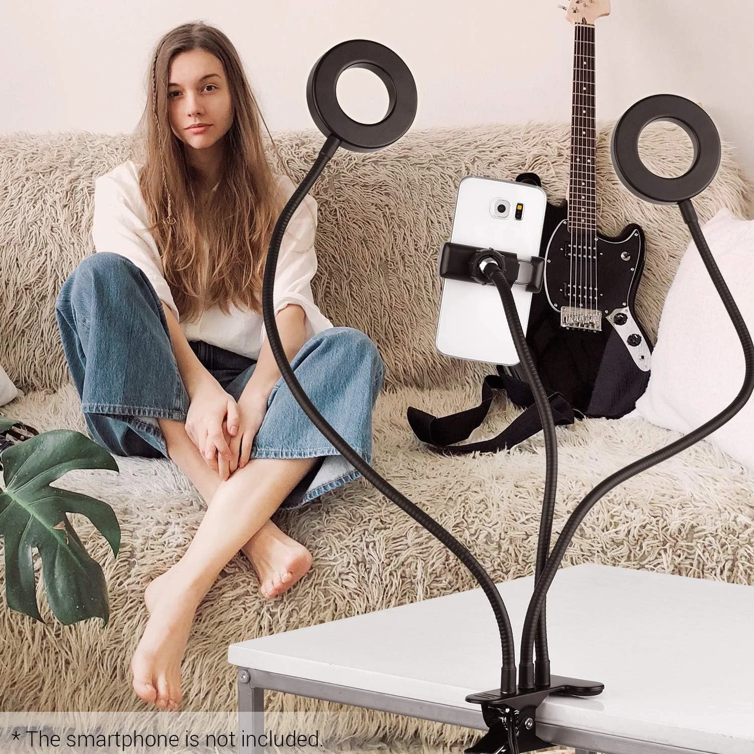 نور حلقه ای LED کلیپسی Andoer با 3 حالت نورپردازی، لامپ پرکننده USB با نور دوگانه، طراحی بازوهای انعطاف پذیر با نگهدارنده تلفن برای چت ویدیویی زنده و سلفی