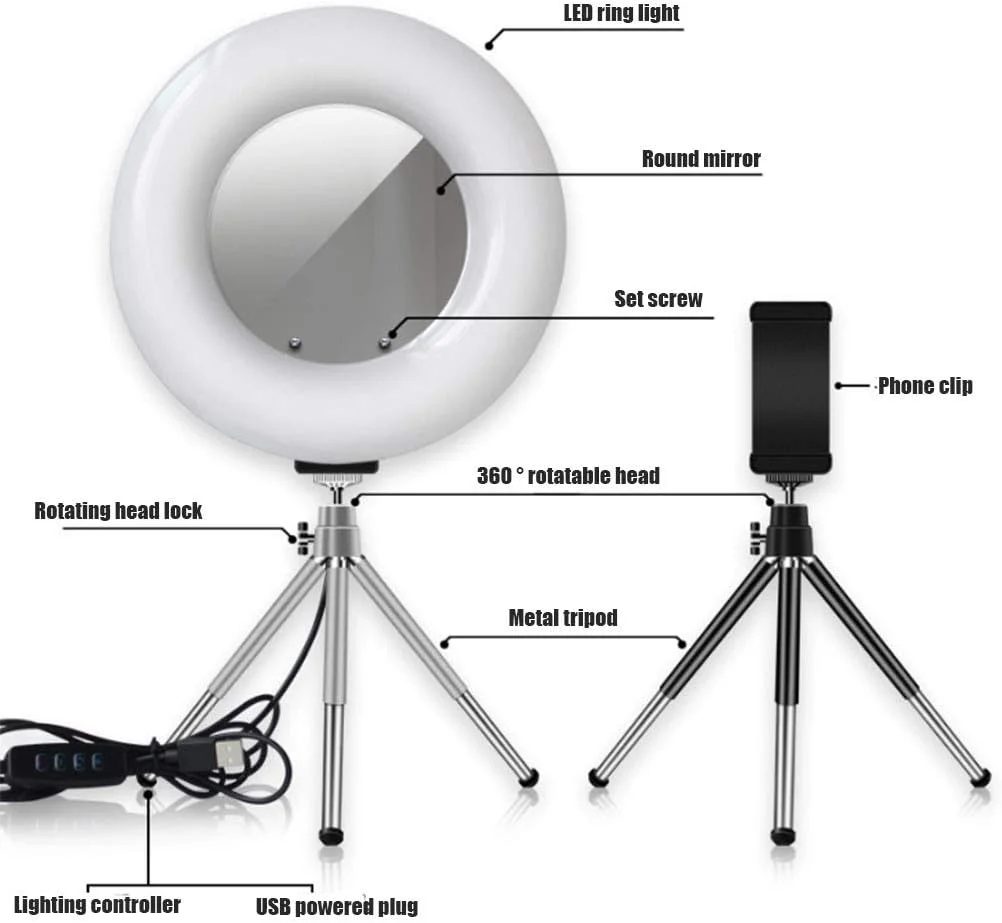 نور پُرکننده LED سلف تایمر 22 سانتی‌متری (8.6 اینچی)، نور حلقوی دیمرپذیر با سه حالت، دارای نگهدارنده مستقل تلفن همراه، مناسب برای پخش زنده/تیک‌تاک/ویدیوهای یوتیوب/آرایش/نورپردازی