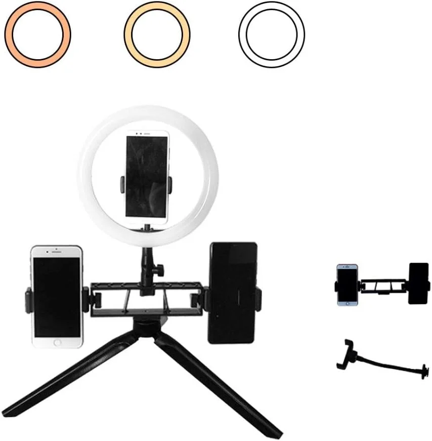 حلقه نور سلفی 26 سانتی متری با پایه سه پایه، کیت حلقه نور 10 واتی با قابلیت تنظیم نور با 3 رنگ برای سلفی، عکاسی، پخش زنده، یوتیوب، فیلمبرداری، آرایش - رابط USB [انتخاب های متعدد]، C