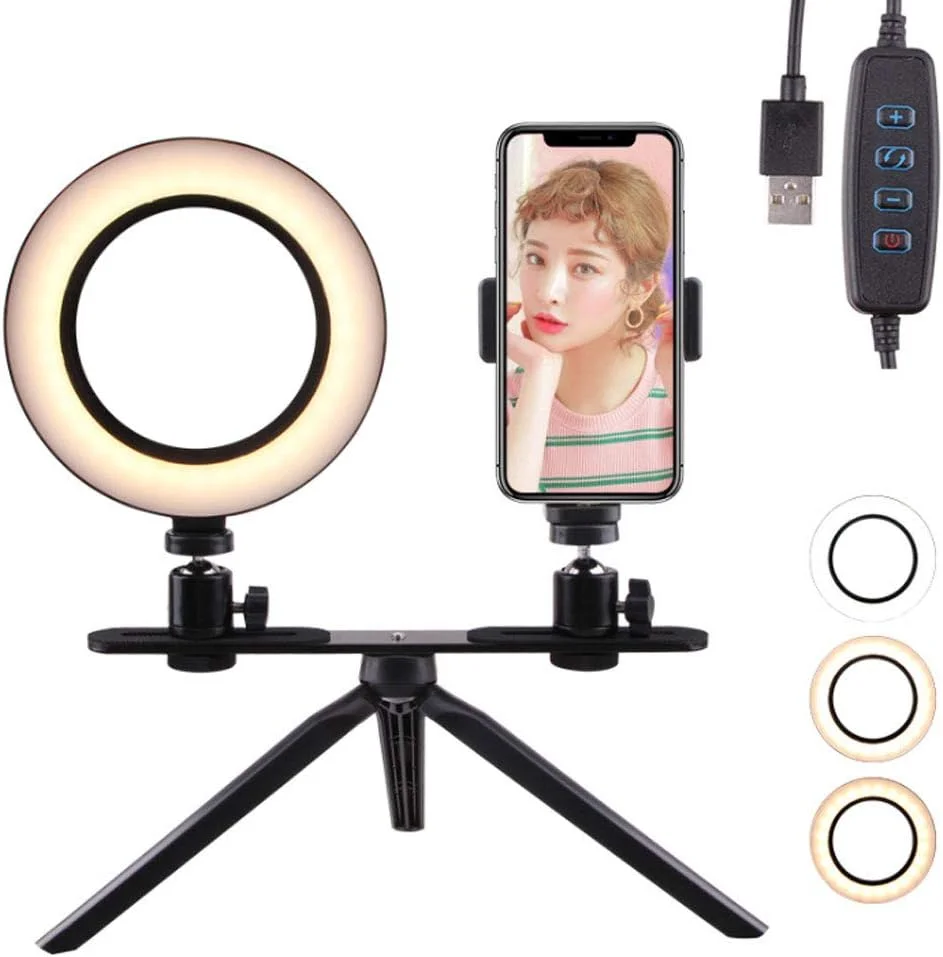نور حلقه ای رومیزی برای سلفی و زیبایی، نور حلقه ای ال ای دی USB با پایه سه پایه و نگهدارنده تلفن، نور حلقه ای ال ای دی قابل تنظیم برای عکاسی و آرایش پخش زنده ویدیو [انتخاب چندگانه], A