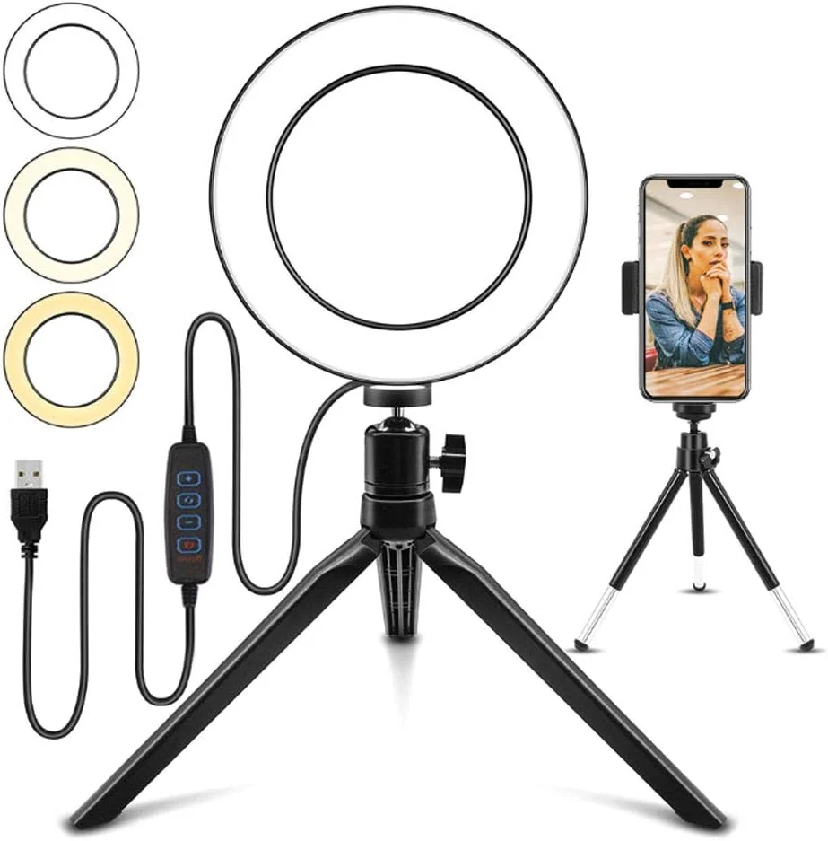 چراغ حلقه ای رومیزی NANANA برای سلفی، چراغ حلقه ای سلفی با پایه سه پایه و نگهدارنده تلفن همراه برای ویدیوهای یوتیوب/پخش زنده/آرایش [16 سانتی متر]