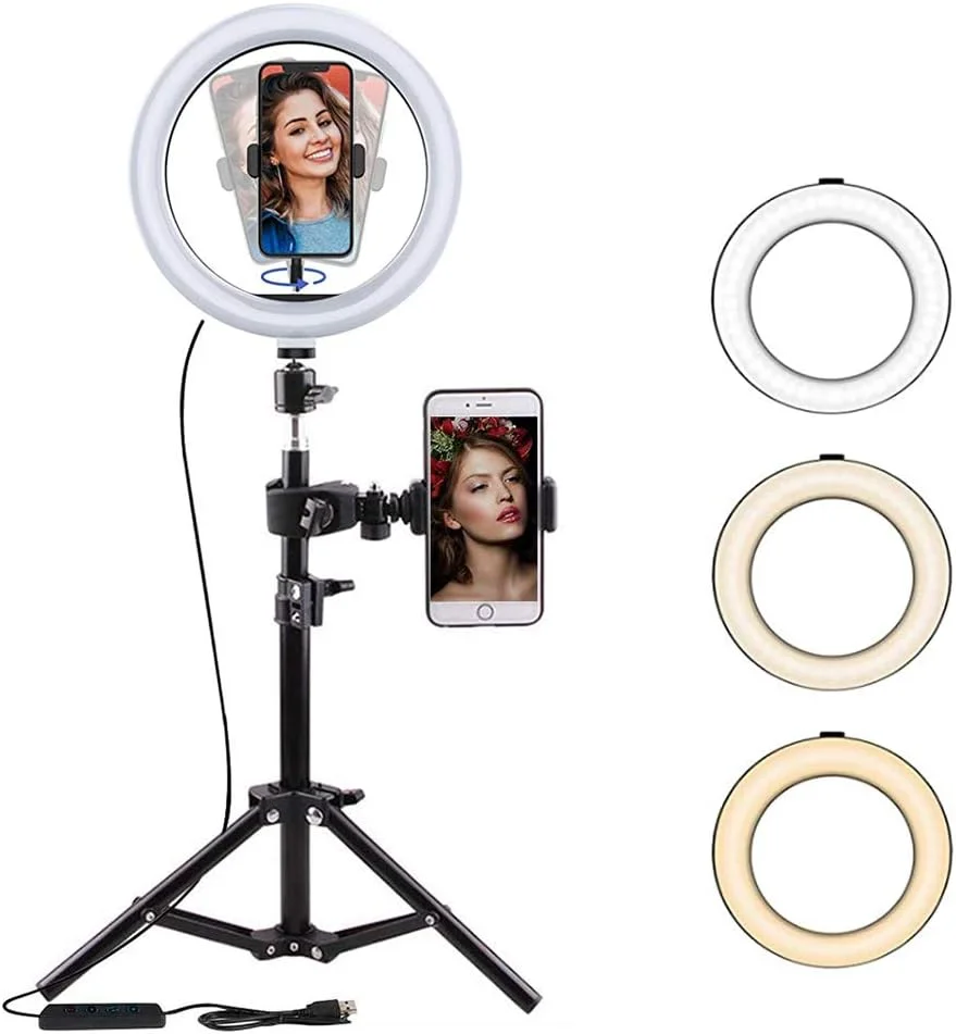 حلقه نور ال ای دی 10 اینچی GMRZ، با کابل USB، کیت نورپردازی عکاسی و فیلمبرداری، نور پرکننده قابل تنظیم برای سلفی، آرایش، ویدیو، پخش زنده، لامپ زیبایی با 3 حالت نور