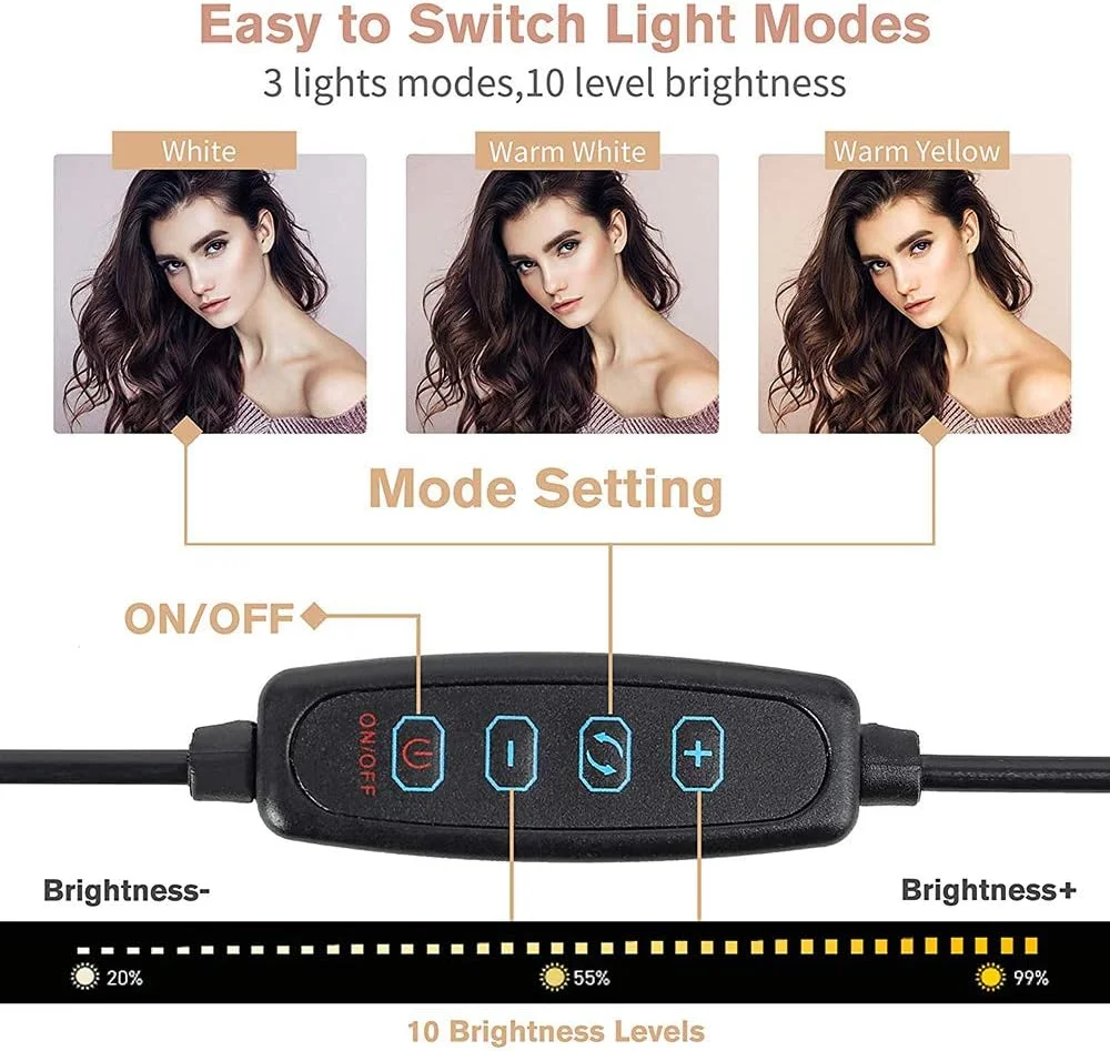 حلقه نور ال ای دی 10 اینچی GMRZ، با کابل USB، کیت نورپردازی عکاسی و فیلمبرداری، نور پرکننده قابل تنظیم برای سلفی، آرایش، ویدیو، پخش زنده، لامپ زیبایی با 3 حالت نور