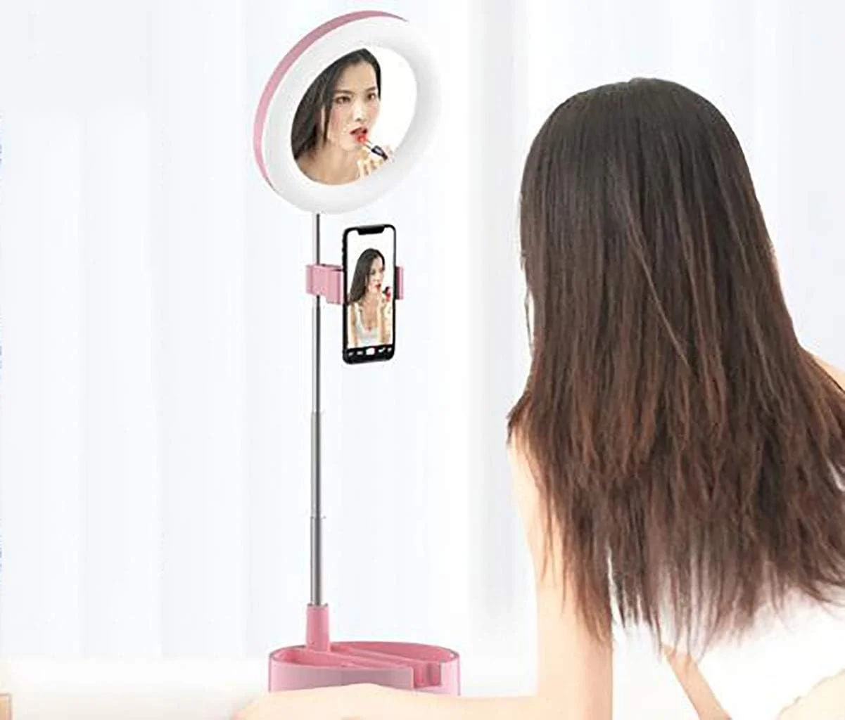 حلقه نور با آینه آرایشی، هولدر رومیزی موبایل برای پخش زنده، چراغ میز عکس، گیره چند جهته برای قرار دادن موبایل، مناسب برای سلفی، آرایش، یوتیوب، عکاسی و غیره