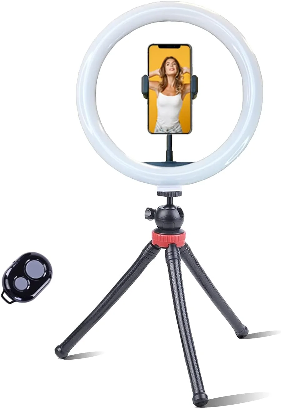 حلقه نور سلفی ال ای دی 12 اینچی Fugetek با سه پایه رومیزی تلفن، سازگار با آیفون و اندروید، 3 حالت رنگ، پایه دوربین قابل تنظیم ممتاز، پایه های انعطاف پذیر، ریموت بلوتوث بی سیم، تغذیه از طریق USB حلقه نور سلفی ال ای دی 12 اینچی Fugetek با سه پایه رومیزی تلفن، سازگار با آیفون و اندروید، 3 حالت رنگ، پایه دوربین قابل تنظیم ممتاز، پایه های انعطاف پذیر، ریموت بلوتوث بی سیم، تغذیه از طریق USB