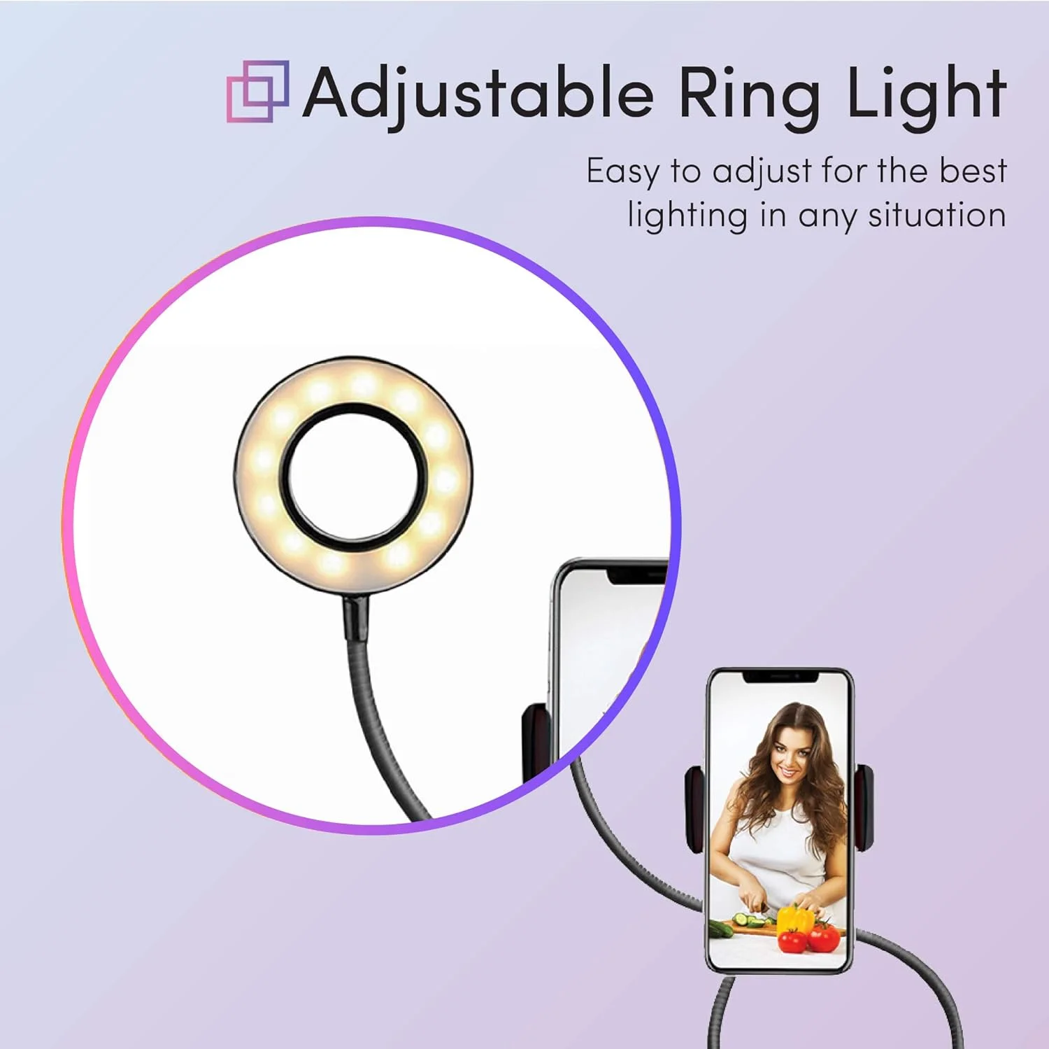 حلقه نور سلفی TALK WORKS با نگهدارنده تلفن همراه - گیره چراغ رومیزی انعطاف پذیر USB LED پایه دوربین آیفون - نورپردازی ویدئویی (3 حالت نور، 10 سطح روشنایی) برای ضبط زنده، آرایش/زیبایی