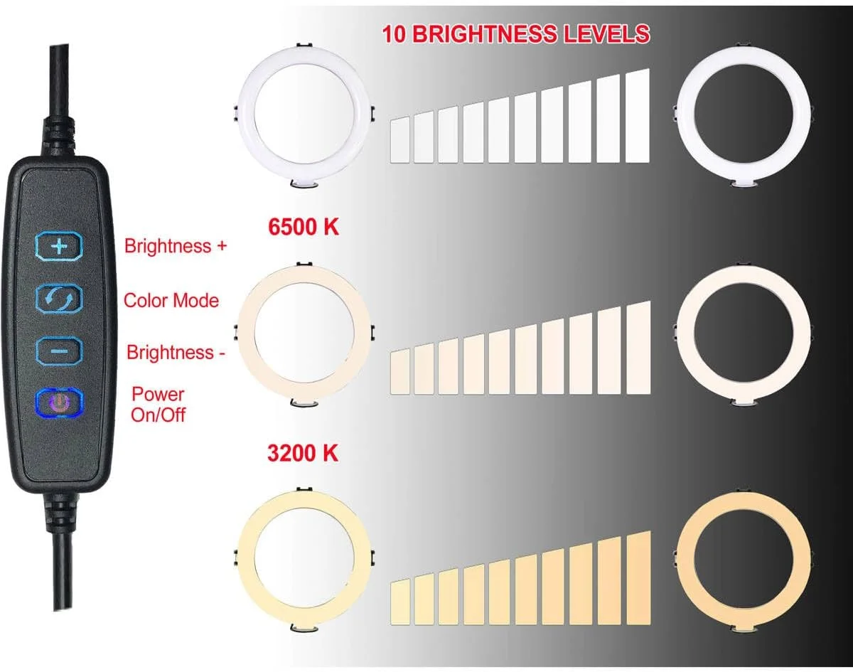 کیت نور حلقه ای ال ای دی 6 اینچی Vidpro RL-6 با سه پایه کوچک و سر توپی. دارای منبع تغذیه USB برای پرتره، آرایش، مدلینگ، ولاگرها، عکس های ماکرو و یوتیوب. دمای رنگ متغیر 2800K 4500K 6500K