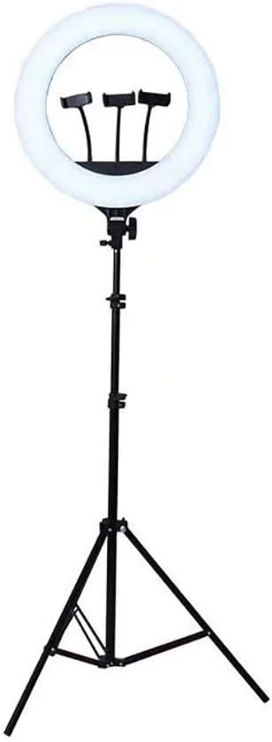 حلقه نور ال ای دی 18 اینچی با قابلیت تنظیم نور به همراه هولدر موبایل و آداپتور کفشک دار برای عکس سلفی، پرتره و فیلمبرداری در یوتیوب حلقه نور ال ای دی 18 اینچی با قابلیت تنظیم نور به همراه هولدر موبایل و آداپتور کفشک دار برای عکس سلفی، پرتره و فیلمبرداری در یوتیوب