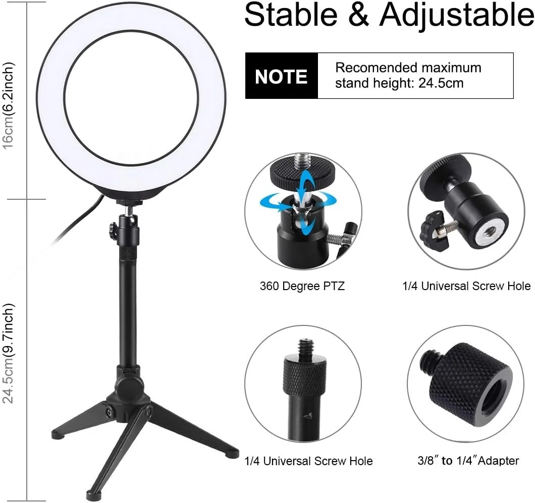 نور حلقه ای PULUZ، 10 سطح روشنایی، 8 رنگ نور حلقه ای LED کم نور RGBW 6.2 اینچی به همراه سه پایه رومیزی و هد توپی سه پایه کفشک سرد برای سلفی، آرایش، ویدیوی یوتیوب
