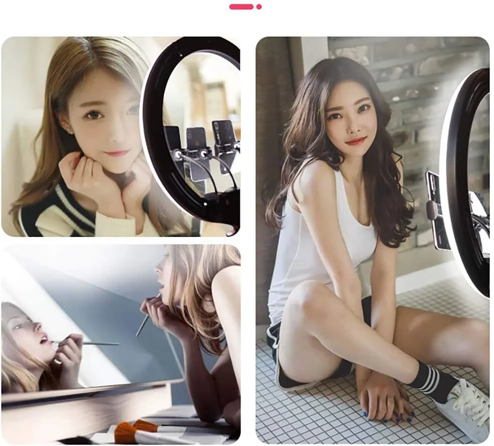 حلقه نور ال ای دی 18 اینچی با قابلیت تنظیم نور به همراه هولدر موبایل و آداپتور کفشک دار برای عکس سلفی، پرتره و فیلمبرداری در یوتیوب