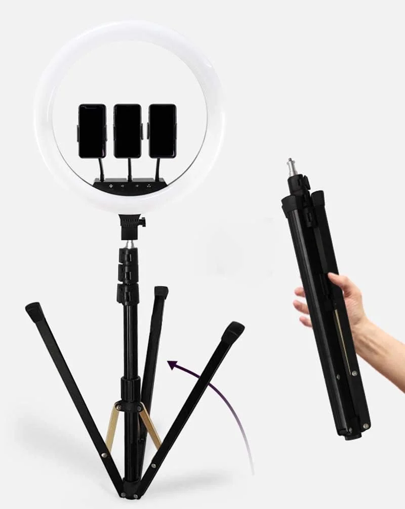 حلقه نور ال ای دی 18 اینچی با قابلیت تنظیم نور به همراه هولدر موبایل و آداپتور کفشک دار برای عکس سلفی، پرتره و فیلمبرداری در یوتیوب