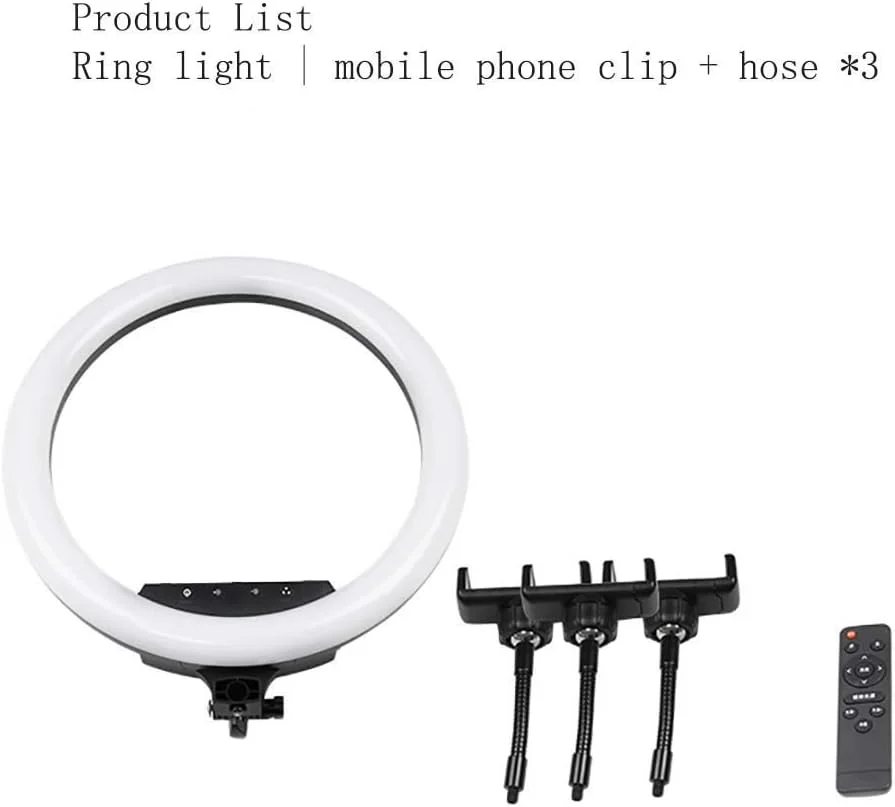 حلقه نور ال ای دی 18 اینچی با قابلیت تنظیم نور به همراه هولدر موبایل و آداپتور کفشک دار برای عکس سلفی، پرتره و فیلمبرداری در یوتیوب