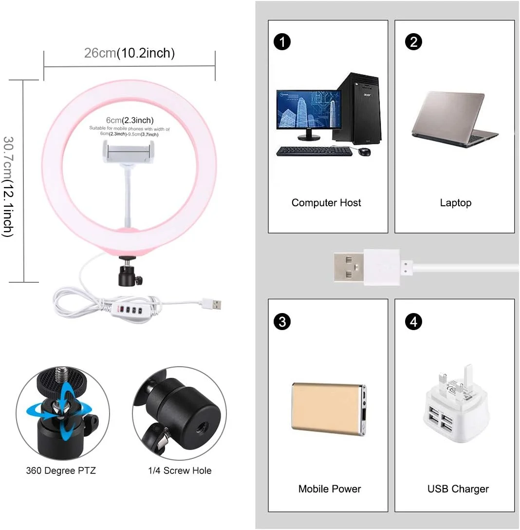 نور حلقه ای LED سلفی PULUZ سایز 10.2 اینچ، چراغ های ویدئویی، چراغ عکس با هد توپی سه پایه کفشک سرد و گیره تلفن برای آرایش و تجهیزات ولاگینگ ویدیویی یوتیوب