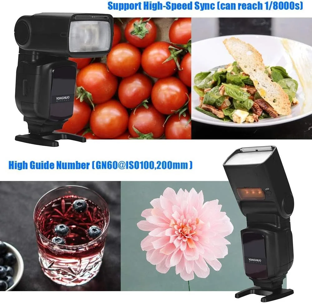 فلاش اکسترنال دوربین YONGNUO YN968N II GN60، واحد فلاش اسپیدلایت بی سیم روی دوربین، HSS TTL 1/8000s، برای Nikon D7300 D7200 D7100 D5600 D5500 D3300 D3000 D500 D810 D750