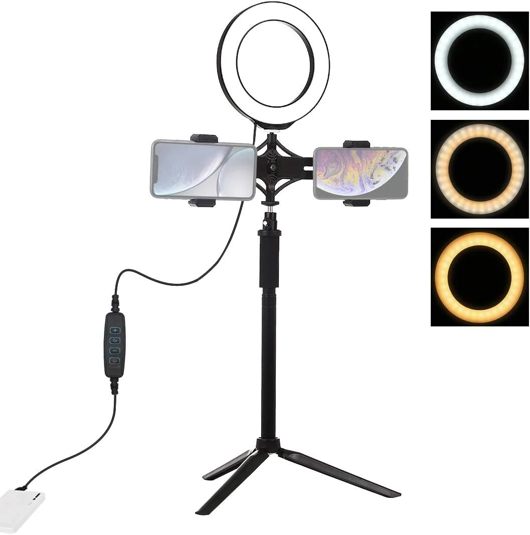 کیت نور ال ای دی حلقه ای 6.2 اینچی PULUZ برای عکاسی و فیلمبرداری ولاگ، پخش زنده، دارای پایه نگهدارنده دوگانه گوشی، USB با 3 حالت نور قابل تنظیم با پایه سه پایه و میله افزایش ارتفاع برای آرایش، ویدیوهای یوتیوب و تجهیزات ولاگ