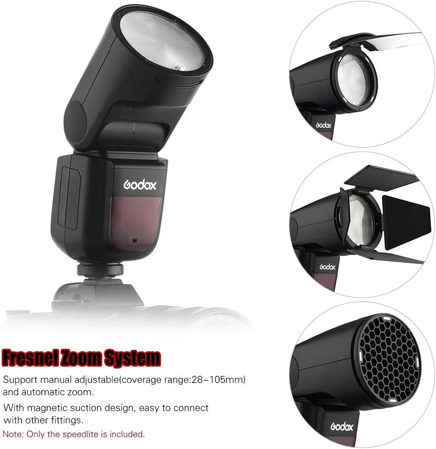 فلاش دوربین حرفه ای گودکس V1S با سر گرد و زوم فرسنل بی سیم 2.4G مناسب برای دوربین های سونی a7RII a7R a58 a99 ILCE6000L a7RIII a7R3 a9 a77II a77 a350 + گودکس AK-R1