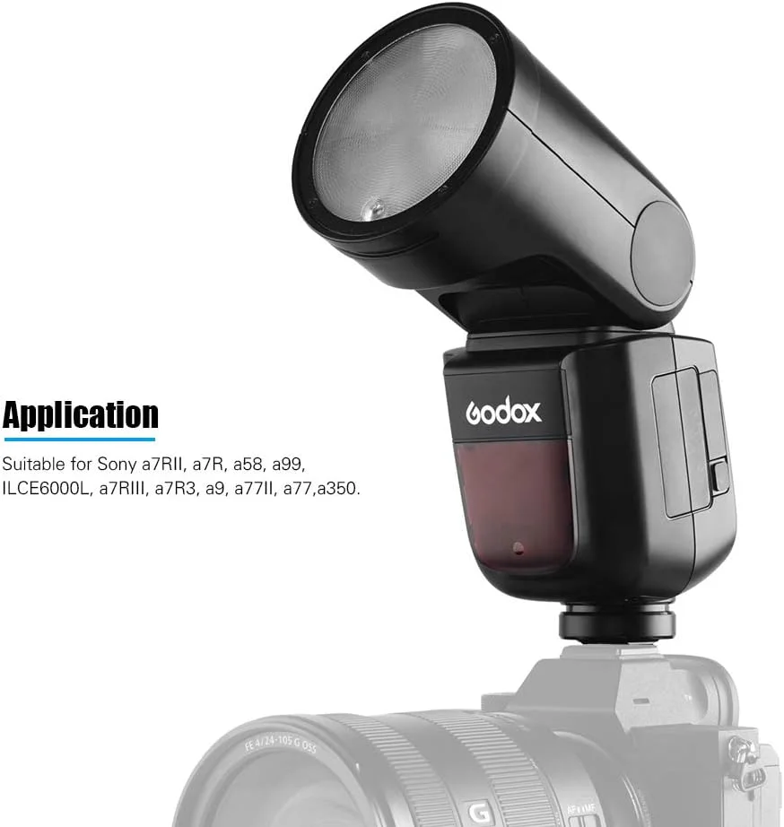 فلاش دوربین حرفه ای گودکس V1S با سر گرد و زوم فرسنل بی سیم 2.4G مناسب برای دوربین های سونی a7RII a7R a58 a99 ILCE6000L a7RIII a7R3 a9 a77II a77 a350 + گودکس AK-R1