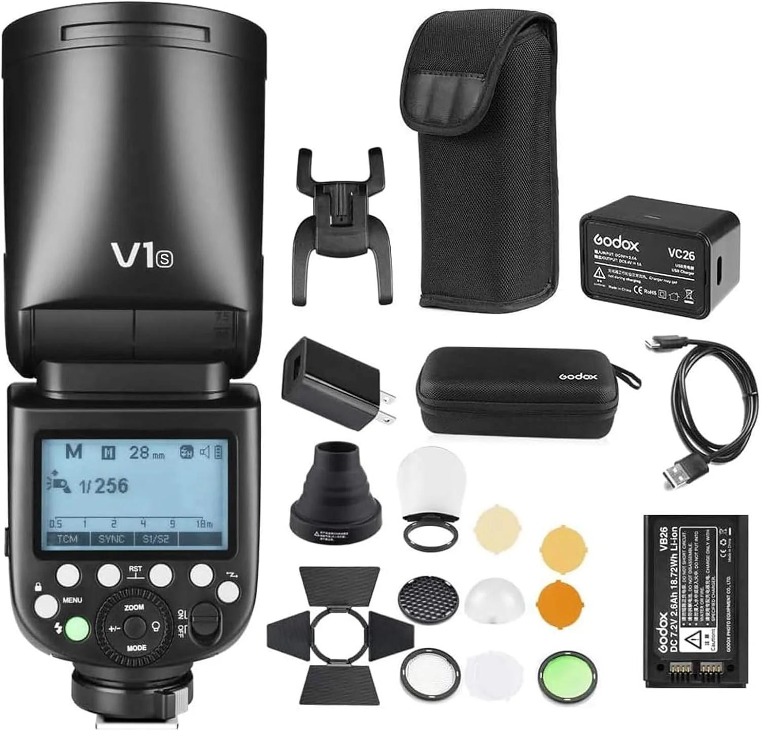 فلاش اسپیدلایت گودکس V1-S TTL با توان 76WS و عدد راهنمای 92، همگام‌سازی پرسرعت 1/8000 ثانیه، باتری لیتیوم-یون 2600mAh و سر گرد، به همراه کیت لوازم جانبی Godox AK-R1 سازگار با دوربین‌های سونی