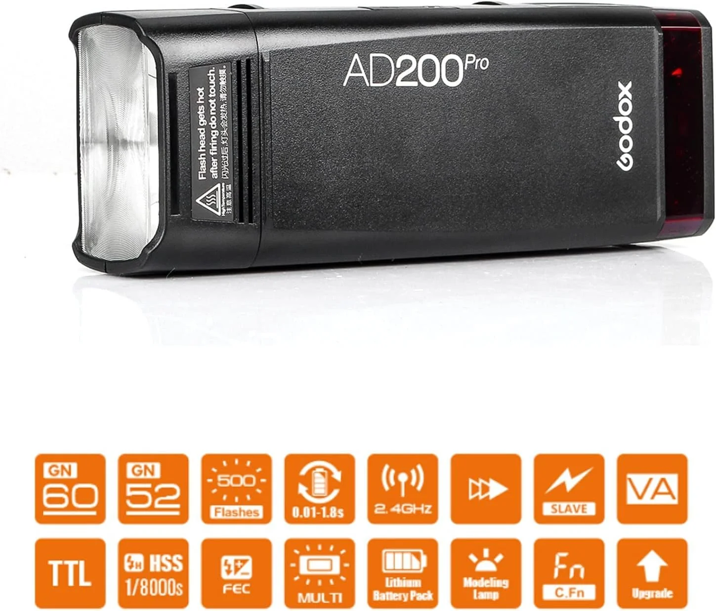 فلاش استروب GODOX AD200 Pro AD200Pro 200Ws 2.4G،‏ HSS 1/8000،‏ 500 فلاش با قدرت کامل،‏ بازیافت 0.01-1.8 ثانیه،‏ باتری 2900mAh،‏ لامپ لخت/هد فلاش فرسنل اسپیدلایت،‏ فلاش جیبی مونولایت