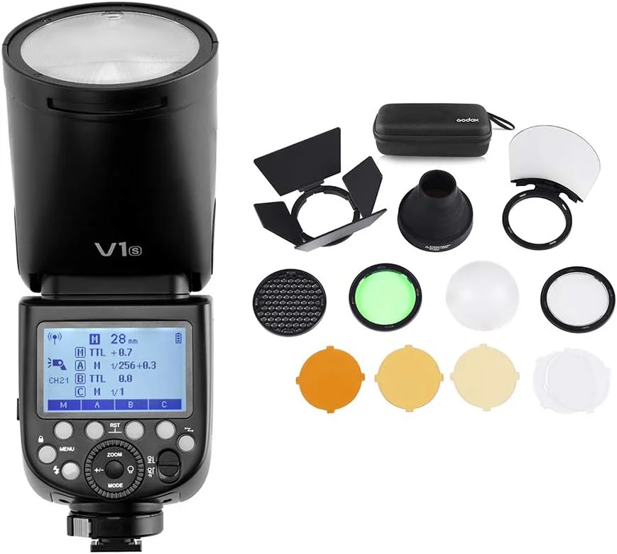 فلاش اسپیدلایت حرفه ای گودکس V1S با سر گرد و زوم فرسنل بی سیم 2.4G برای سونی a7RII a7R a58 a99 ILCE6000L a7RIII a7R3 a9 a77II a77 a350 + کیت لوازم جانبی گودکس AK-R1