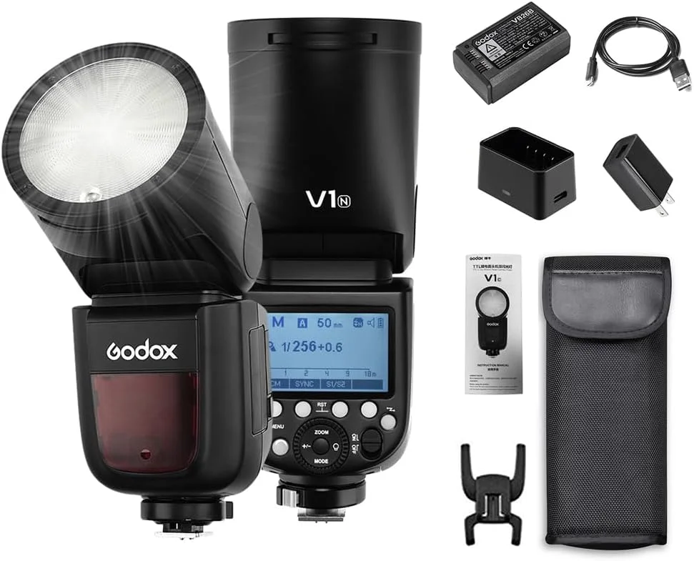 فلاش اسپیدلایت حرفه ای Godox V1N با سر گرد و زوم فرسنل بی سیم 2.4G سازگار با Nikon D5300 D750 D850 D7100 Z7 برای عکاسی استودیویی/پرتره/عروسی