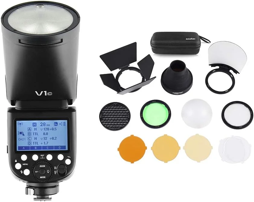 فلاش اسپیدلایت حرفه ای Godox V1C با سر گرد و زوم فرسنل بی سیم 2.4G برای سری Canon EOS 1500D 3000D 5D Mark III 5D Mark LL + کیت لوازم جانبی برای چراغ قوه AK-R1