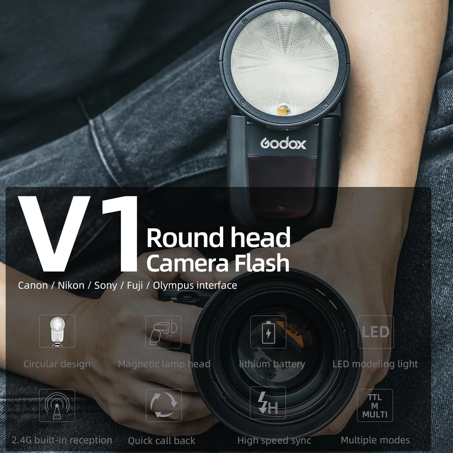 فلاش گودکس V1-C، زمان بازیافت 1.5 ثانیه، HSS 1/8000، 480 شات با قدرت کامل، باتری لیتیومی 2600mAh قابل تعویض برای دوربین کانن