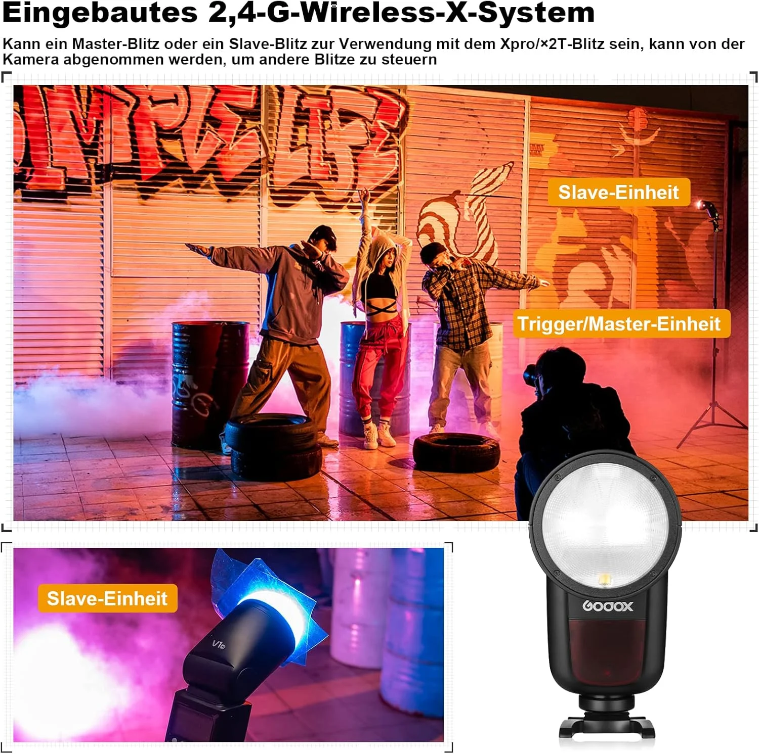 فلاش دوربین گرد GODOX V1-C برای Canon Speedlite TTL، سیستم بی سیم 2.4G، همگام سازی با سرعت بالا 1/8000 ثانیه، باتری لیتیومی 2600 میلی آمپر ساعت، با لوازم جانبی AK-R1 AK-R22